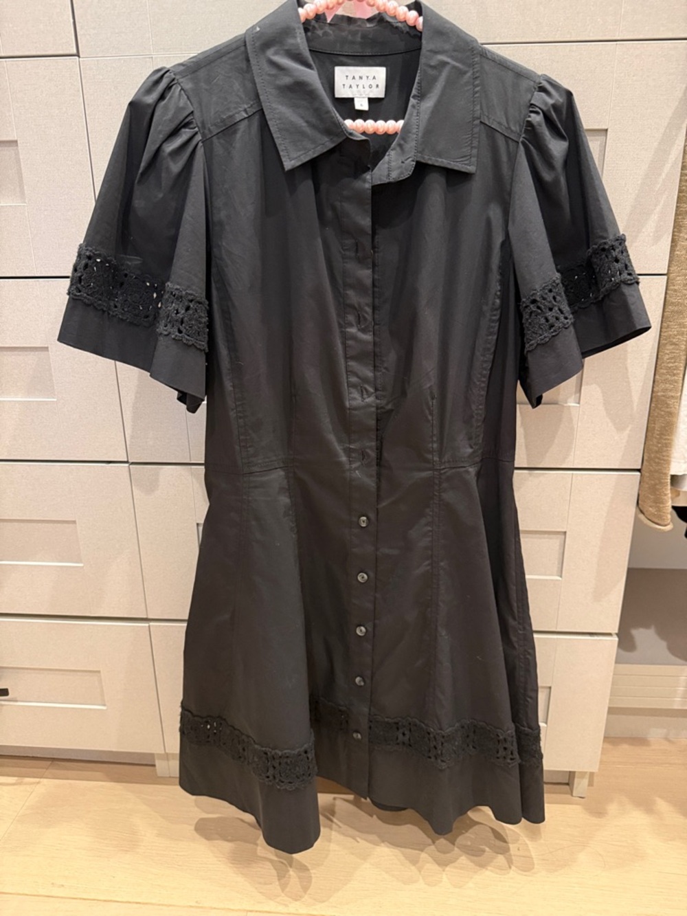 Tanya Taylor Black Lace-Trim Button Dress